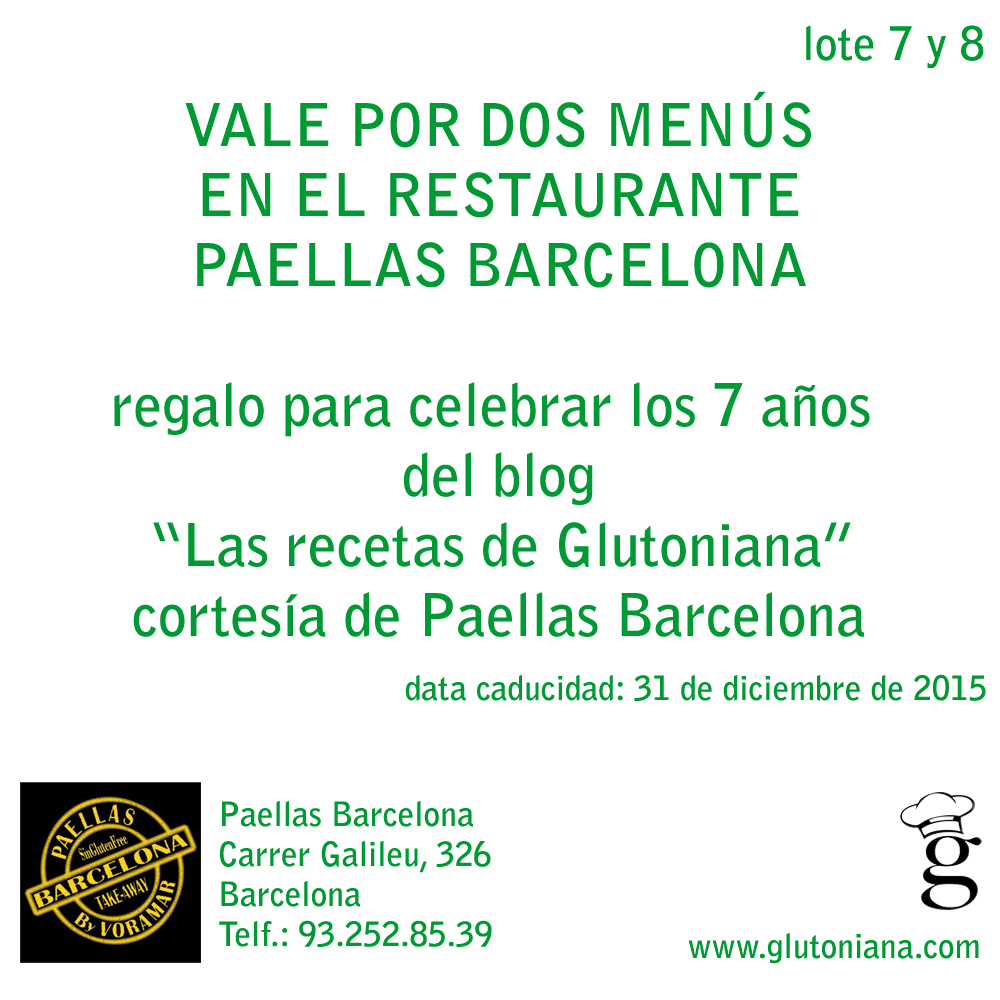 PAELLAS BARCELONA es un restaurante que se encuentra en Barcelona, el sueño de cualquier celíaco. Todo todo lo del restaurante es sin gluten. Han sido tan amables de regalar 2 vales para poder ir a comer con tu pareja, tu amigo/amiga, tu novio/novia, tu madre o quién quieras  :)